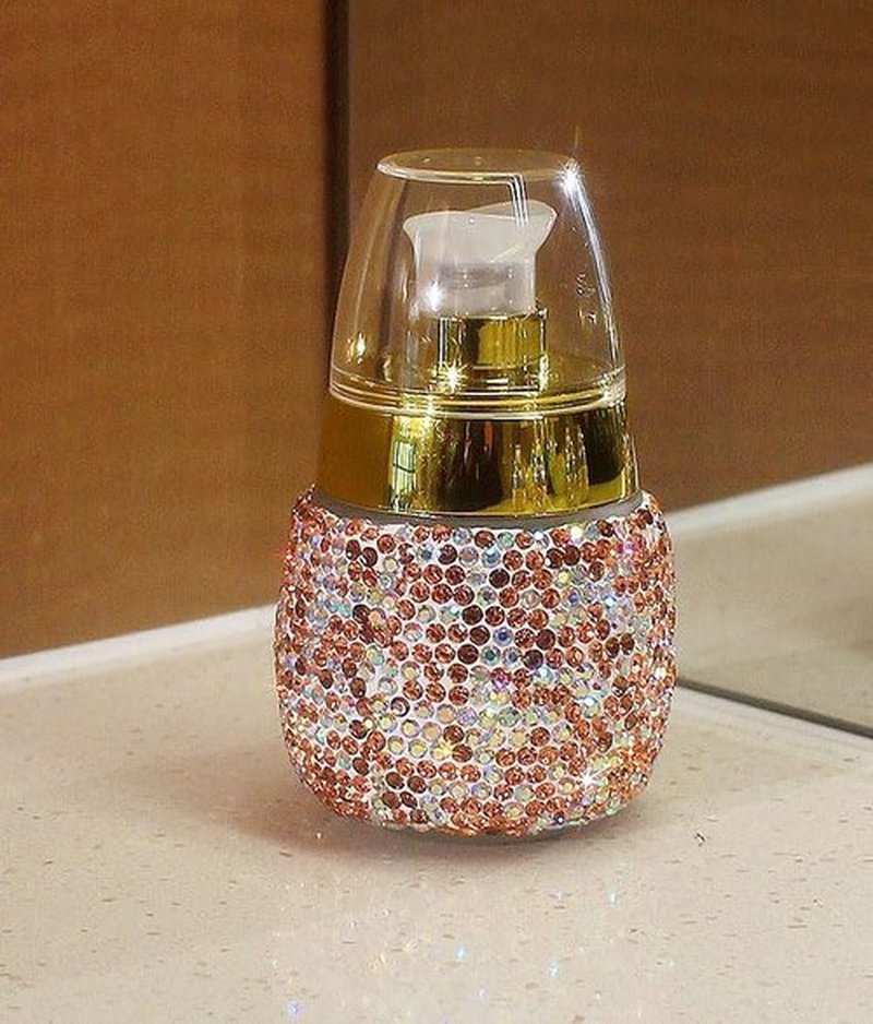 Rhinestone Travel Portable 30ml Lotion Dispensing Empty Bottle - Luxury Bling Glass Cosmetic Empty Container - Press Pump Design for Easy Dispensing - Ideal for Beauty On-The-Go (Golden)