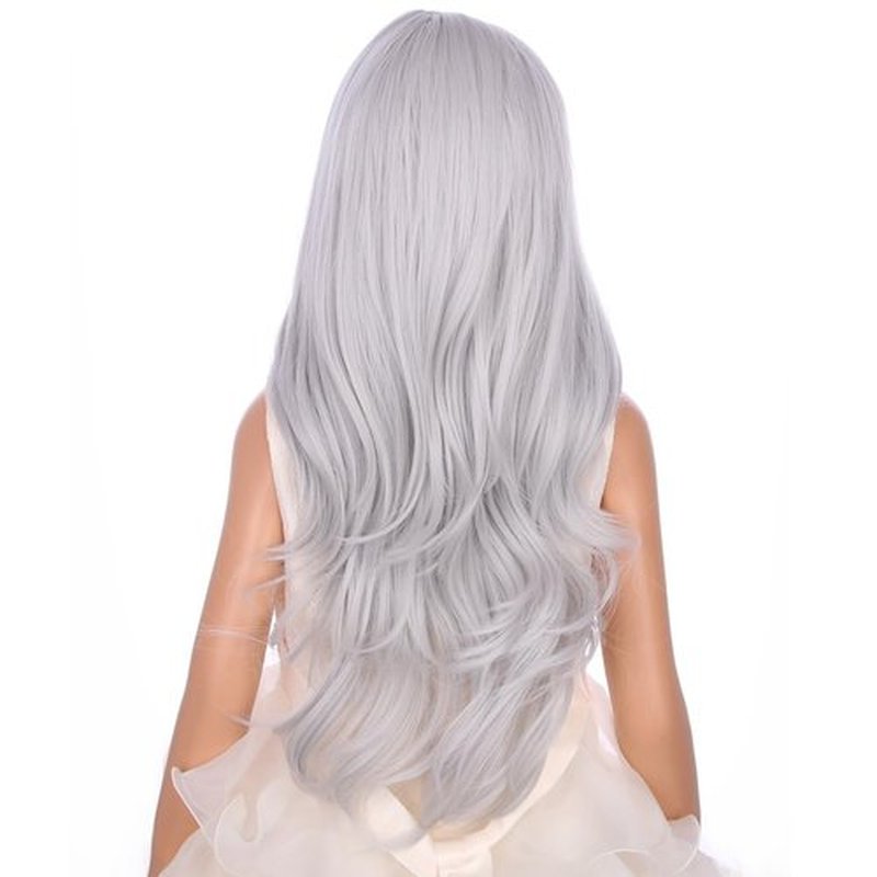 PATTNIUM Silver Gray Wig for Kids Girls Long Curly Wavy Gray Wig Child Middle Part Synthetic Wig with Wig Cap