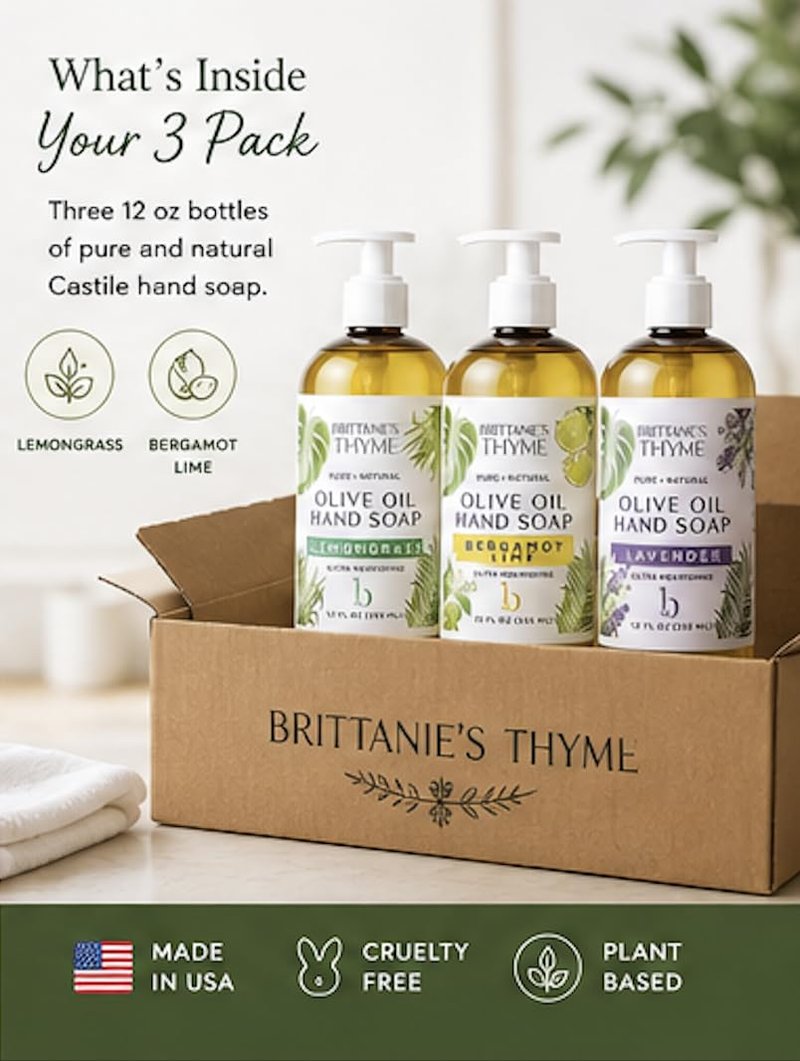 Brittanieās Pure Castile Liquid Hand Soap Refill, Bergamot | Lavender | Lemongrass, 12 Ounce Pack of 3 | Dish Soap, Hair & Body, Home, Gentle & Pure, Natural Luxurious Oils, Vegan & Gluten Free