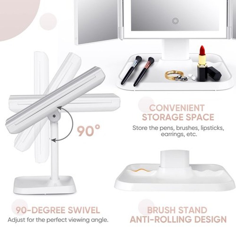Makeup Mirror Vanity with Lights - 3 Color Lighting Modes 72 LED Trifold Mirror, 1x/2x/3x Magnification, Touch Control Design, Portable High Definition Cosmetic Lighted Up White (JING-007)