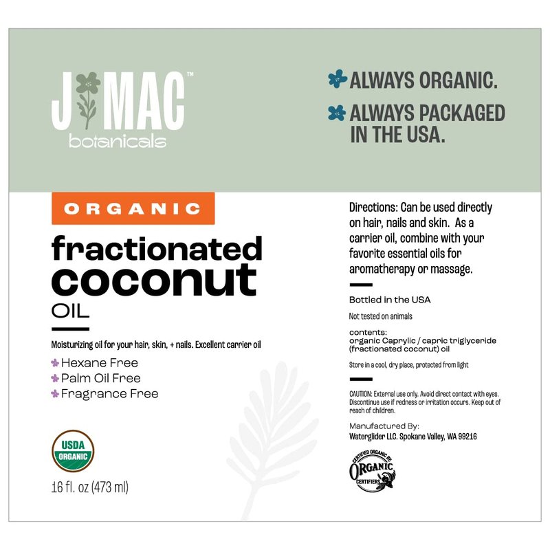 J Mac Botanicals, Organic Fractionated Coconut Oil (16 oz. with a Pump) Carrier Oil for diluting Essential Oils, Leave in Conditioner for Dry Damaged Hair, Skin, Massage