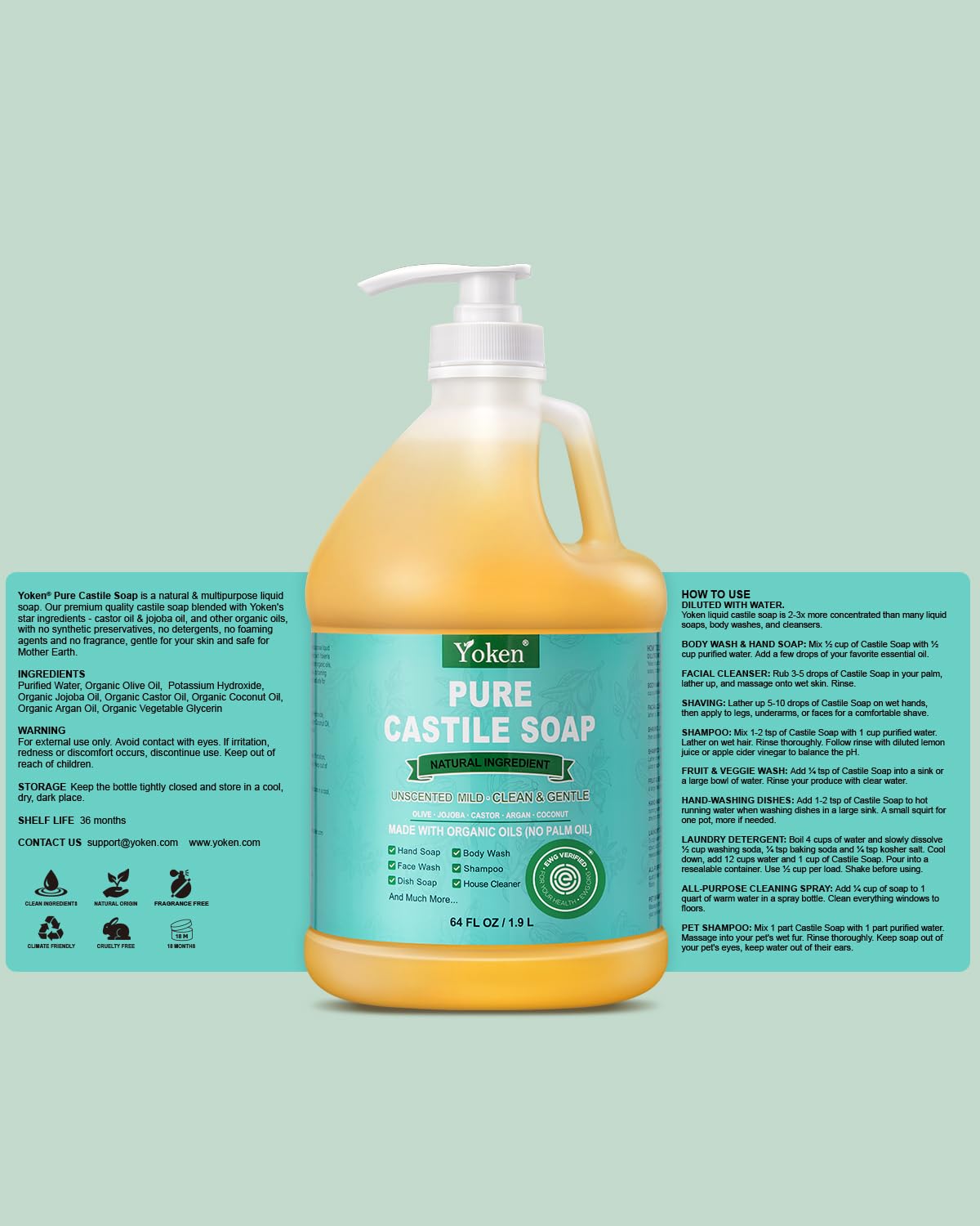 Yoken Pure Castile Liquid Soap 64 Oz Unscent Body Hand Wash Dish with Pump