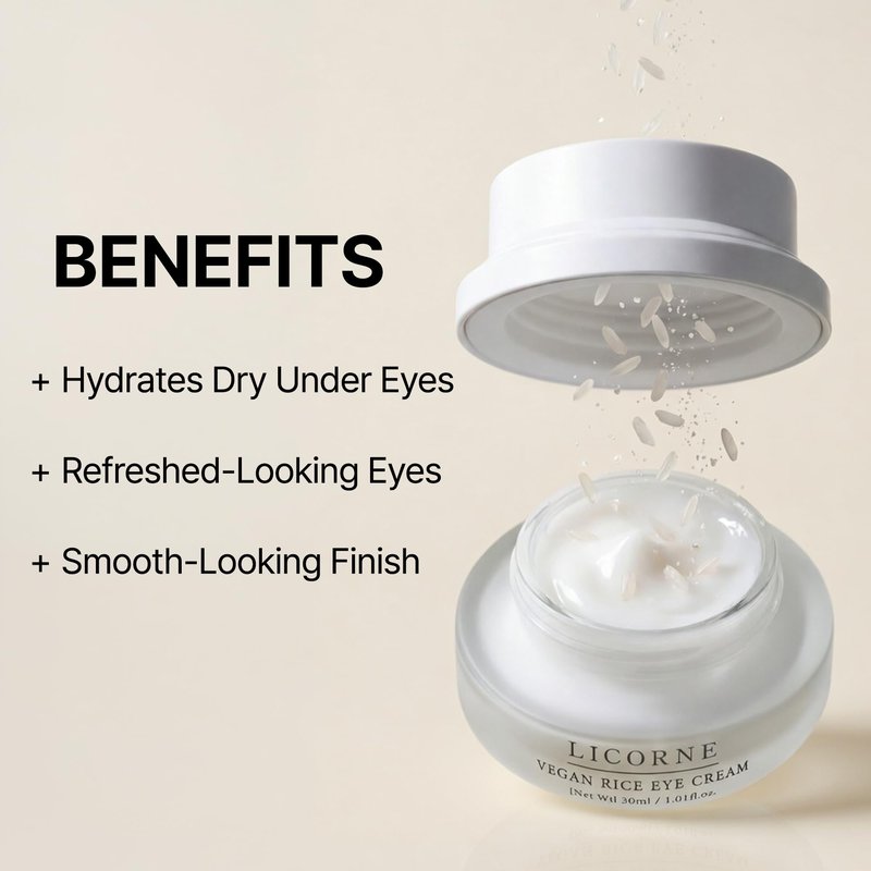 LICORNE Vegan Rice Eye Cream for Dark Circles and Puffiness - Thick Butter Texture Under Eye Care with AHA & PHA, Fragrance Free Hydration for Sensitive Skin, Large 1.01 Fl Oz (30ml)