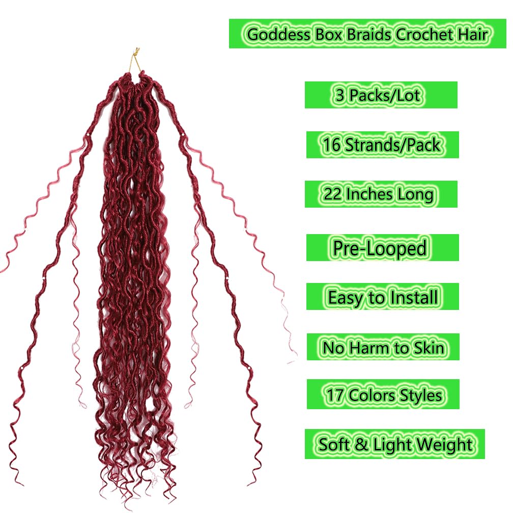 BALINGHAIR Goddess Locs Crochet Hair Burgundy 22 Inch 3 Packs Bohemian Faux Locs Crochet Hair With Curly Ends Pre Looped Hair Extensions 16 Roots/Pack(Bug)