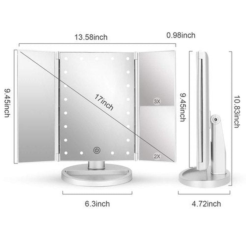 deweisn Tri-Fold Lighted Vanity Tabletop Mount Mirror with 21 LED Lights, Touch Screen and 3X/2X/1X Magnification, Two Power Supply Modes Make Up Mirror,Travel Mirror 10.83" H x 6.3" W