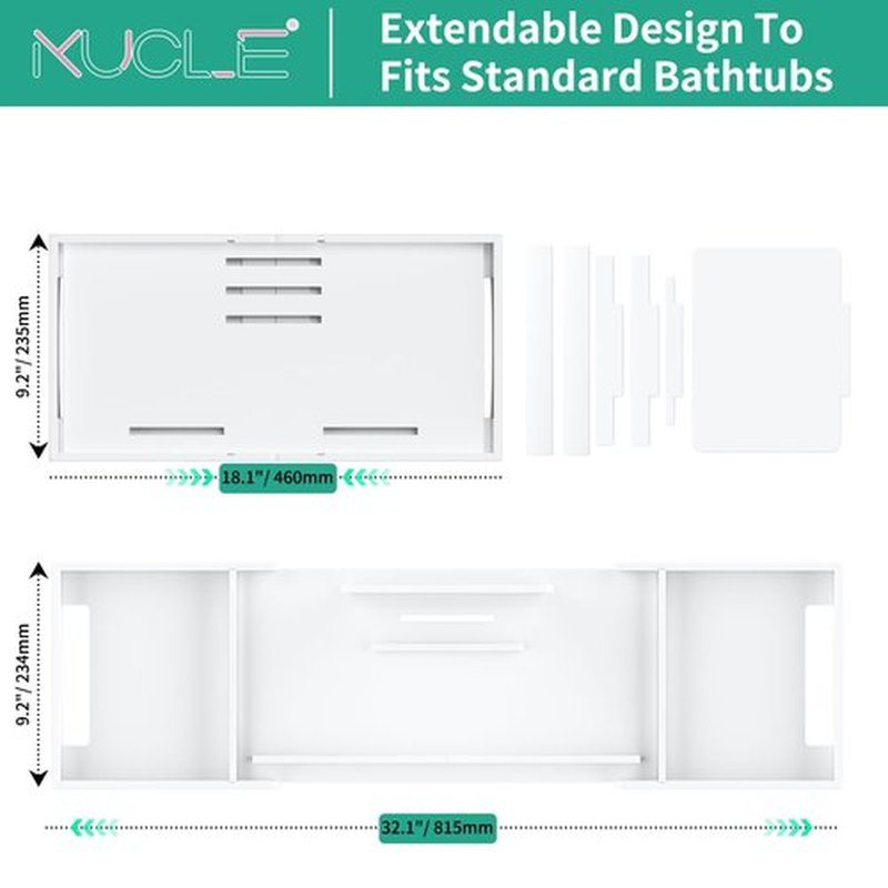 Kucle Expandable Acrylic Bathtub Tray - 18-32 Inches Bath Caddy Tray for Bathtub, Luxury Bath Tub Tray Table for Home Spa, Bath Tray for Tub, Bathroom Tub Accessory Birthday Gift for Her (White)