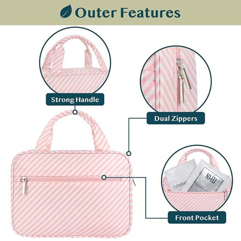 PAVILIA Hanging Toiletry Bag Travel Bag Women Men, Foldable Cosmetic Organizer, Roll up Makeup Bag, Water Resistant Accessories Toiletries, Large Travel Essentials Kit (Pink Stripe)