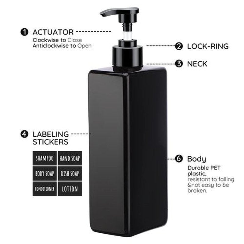 Segbeauty Shower Refillable Dispenser, 3pcs 16.9oz 500ml Pump Press Bottles with Labels, Empty Reusable Plastic Soap Dispenser Bathroom Shower Containers for Body Wash Shampoo Conditioner Lotion Black