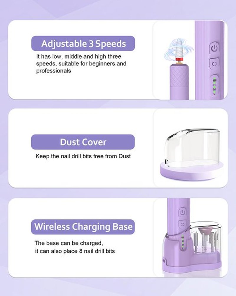 DEEHENK Nail Drill,Cordless Electric Files for Gel Nails E-File Manicure Kit Women Rechargeable Wireless Drill para Uñas Profesional Machine Grinder Acrylic Purple