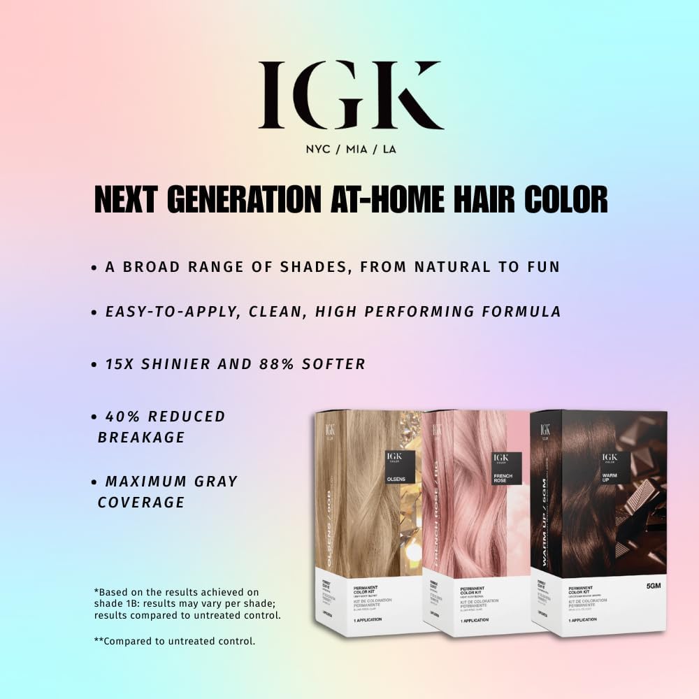 IGK Permanent Hair Dye Color Kit | 7 N Latte - Dark Natural Brown | 100% Gray Color Coverage + Strengthen + Shine | Ammonia Free