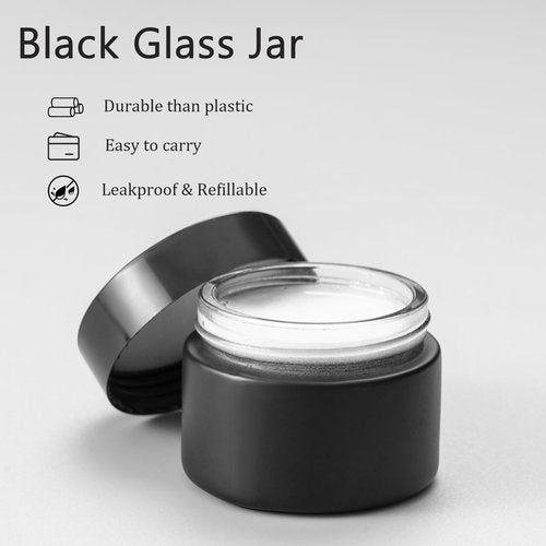 OverNews 4PCS 1oz Glass Jar, Empty Small Cosmetic Lotion Containers,with Inner Liners,Black Lid, Spatula (Black)