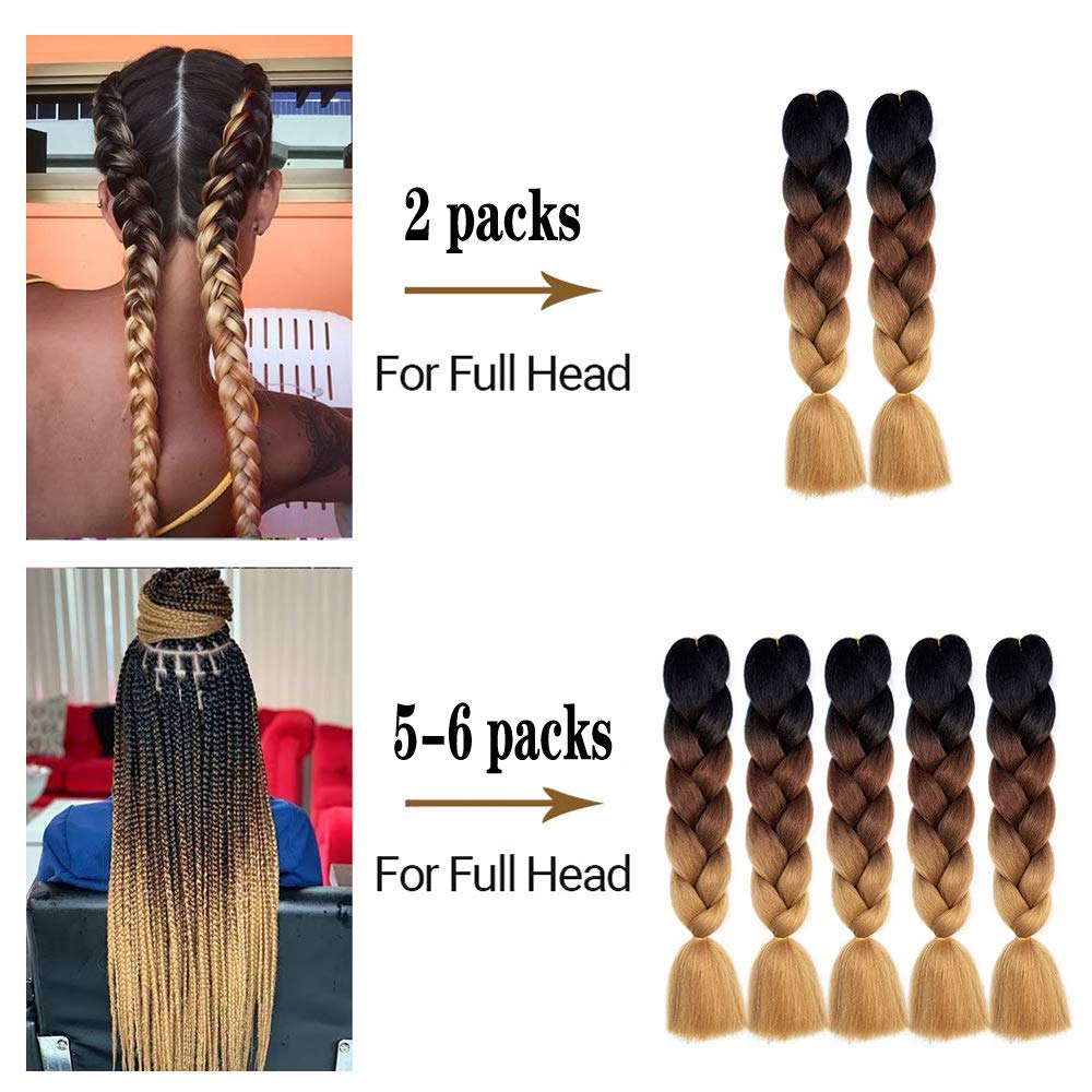 SHUOHAN 6 Packs Ombre Jumbo Braiding Hair Extensions 24 Inch High Temperature Synthetic Fiber Hair Extensions for Box Braids Braiding Hair (Black to Red to Yellow to White)