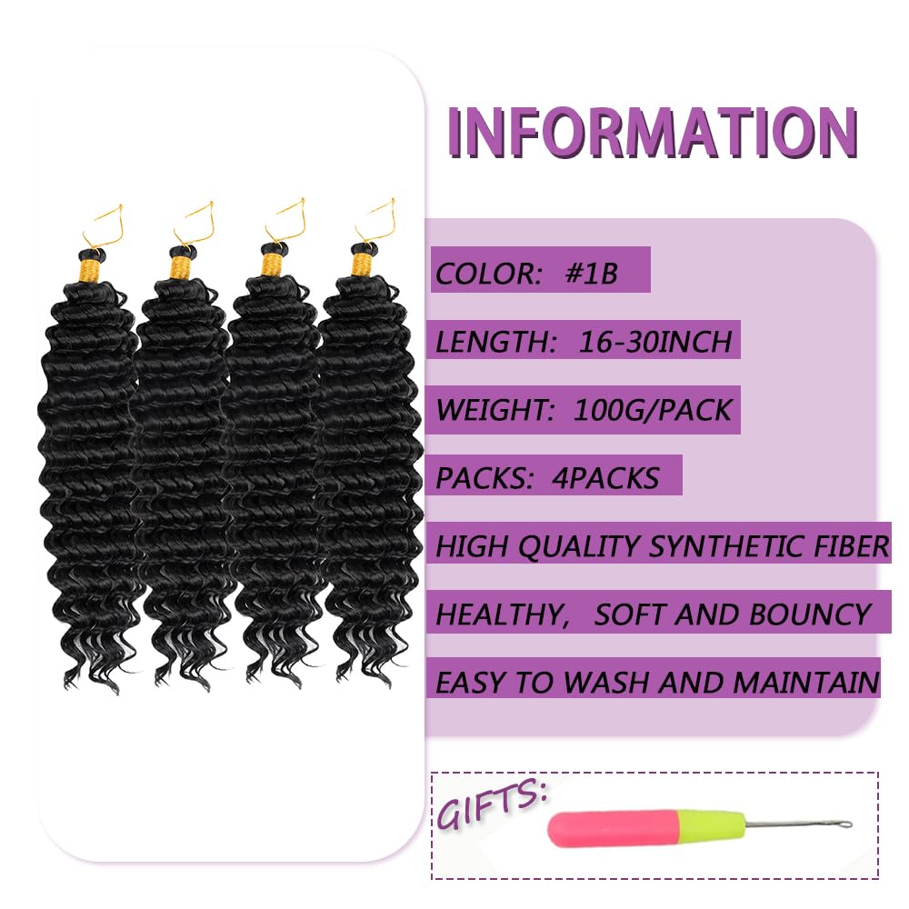 Deep Wave Crochet Hair 20 Inch 4 packs Long Curly Braiding Hair Extensions Ocean Wave Crochet Hair For Black Women Synthetic Ocean Wave Curly Crochet Hair For Boho Box Braids (1B, 20inch, 4pack)