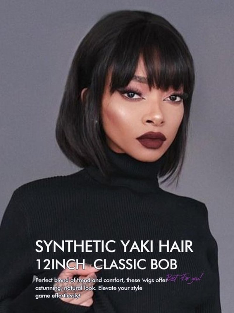 Allbell Black Bob Wig for Women Short Bob Wigs with Bangs Natural Looking Heat Resistant Synthetic Hair for Daily Cosplay Use