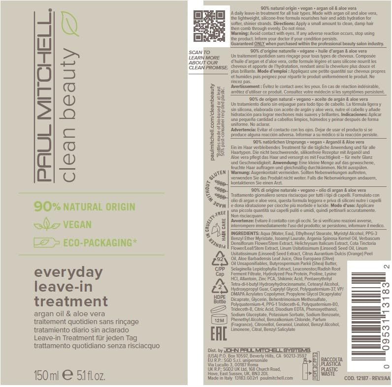 Paul Mitchell Clean Beauty Everyday Leave-In Treatment, Leave-In Conditioner, Delivers Hydration, For All Hair Types, 5.1 fl. oz