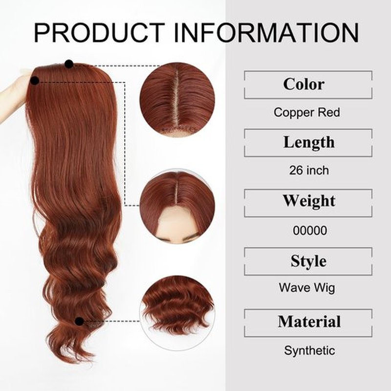 Long Auburn Wavy Wigs for Women 24 inch Copper Red Wig Natural Hair Synthetic Wig Middle Part Curly wig Heat Resistant Fiber Wigs for Daily Party Use