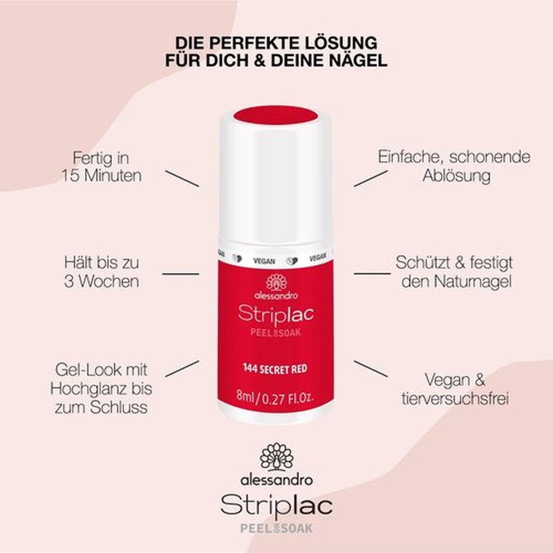 alessandro Striplac Peel or Soak Nail Polish -144 Secret Red for Women- 0.27 oz