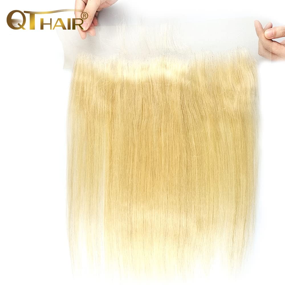 QTHAIR 14A Russian Blonde #613 Transparent Lace Frontal 14in 100% Platinum Blonde Human Hair for All Women (14",#613 Platinum Honey Blonde Closure Transparent Color Lace)