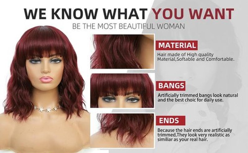 LYNLYSHAN Wine Red Color Wigs Curly Bob Wig with Bangs Short Wavy Wigs for Women Bob Style Synthetic Heat Resistant Bob Wigs