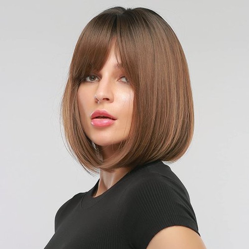 PATTNIUM Brown Bob Wig for Women Short Straight Ombre Brown Wig with Bangs Short Bob Wig Heat Resistant Synthetic Wig with Wig Cap(Ombre Brown)