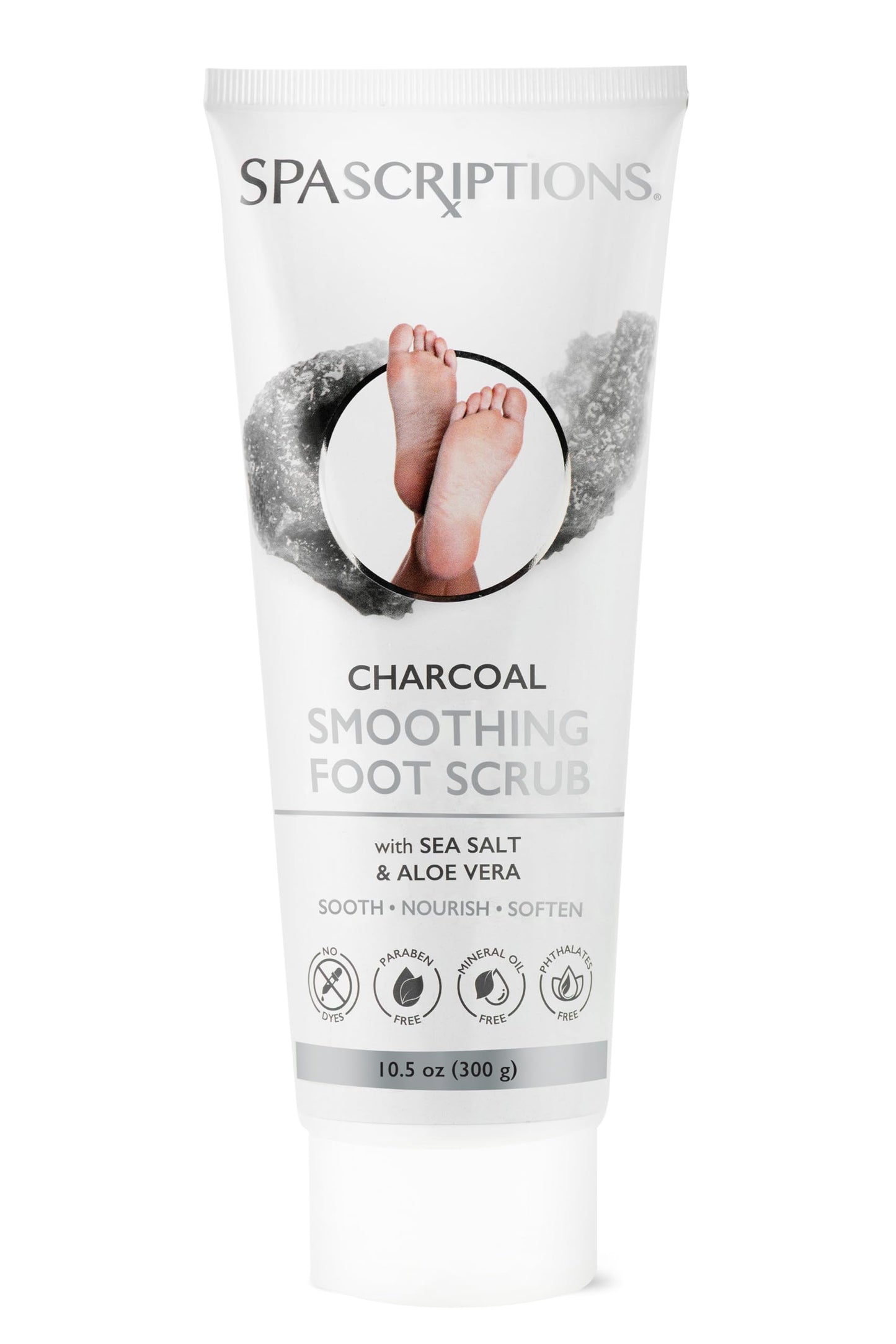 SpaScriptions Charcoal Smoothing Foot Scrub for Dry Rough Feet Repair – Exfoliating Foot Care Treatment to Help Remove Dead Skin & Calluses with Sea Salt & Aloe Vera for Softer Smoother Feet, 10.5 oz