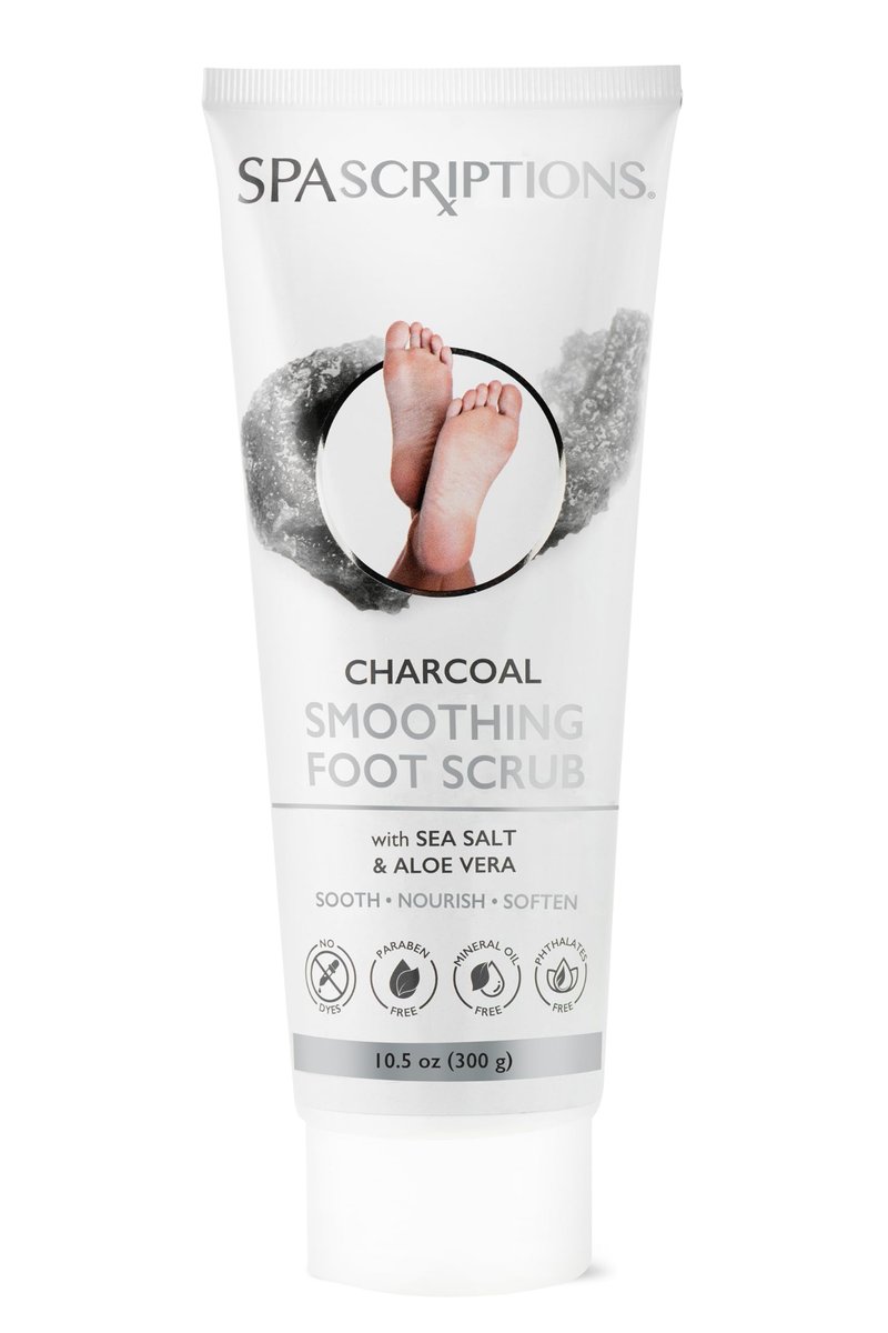 SpaScriptions Charcoal Smoothing Foot Scrub for Dry Rough Feet Repair – Exfoliating Foot Care Treatment to Help Remove Dead Skin & Calluses with Sea Salt & Aloe Vera for Softer Smoother Feet, 10.5 oz