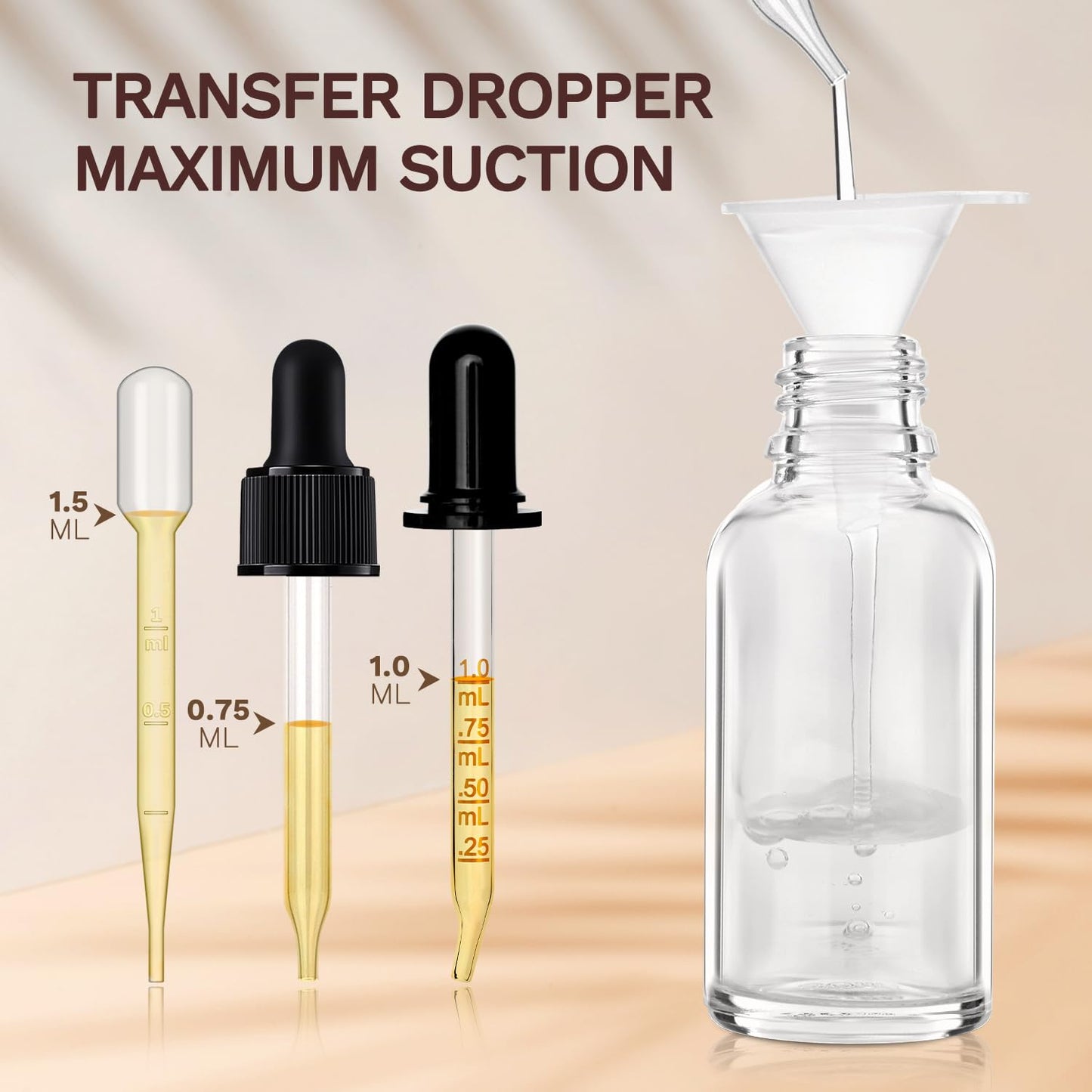 Bumobum 5 Pcs, 1 oz Clear Dropper Bottle with 2 Extra Glass Dropper, 1 Funnel, 1 Pipette, 8 Labels 30 ml Eye Dropper Bottle for Essential Oils Serums Hair Oils Body Cuticle Oils