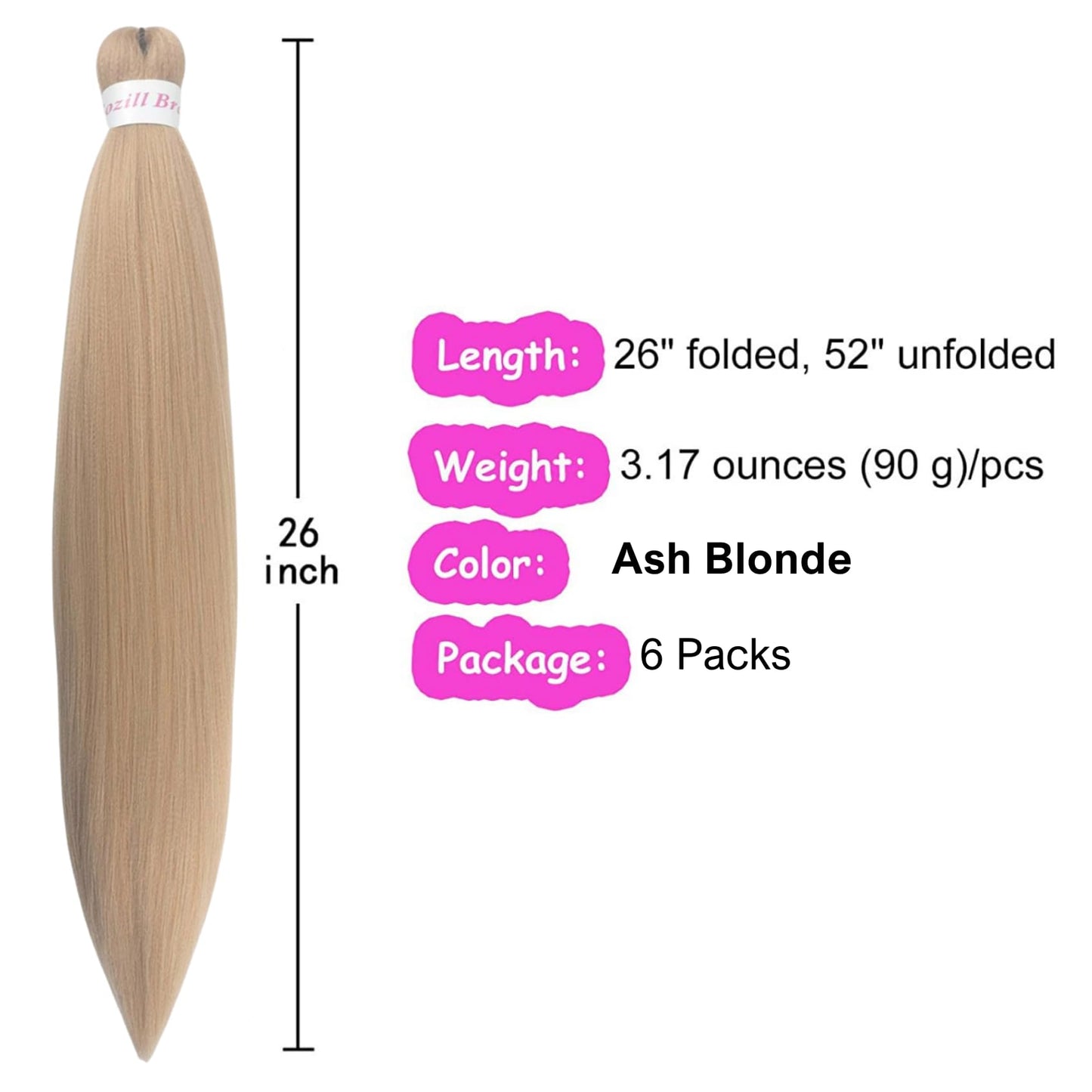 Ash Blonde Braiding Hair Pre Stretched Knotless Braiding Hair Synthetic Fake Hair Extension for Braiding (Pack of 6)
