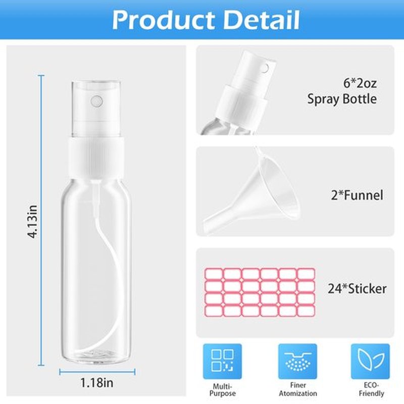 Zoizocp Spray Bottles, 2oz/50ml Clear Empty Fine Mist Plastic Mini Travel Bottle Set, Small Refillable Liquid Containers with 2pcs Funnels and 24pcs Labels (6 Pack)