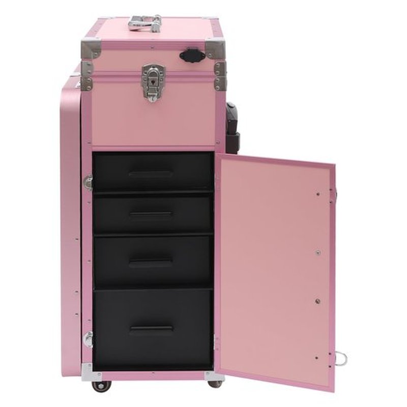 WBGANG Makeup Train Case With 4 Universal Wheels,Portablel Makeup Suitcase With Drawers,Unfold Table And Makeup Mirror,Rolling Cosmetic Storage Organizer For Makeup Artist,Hairstylist,Etc (Pink)