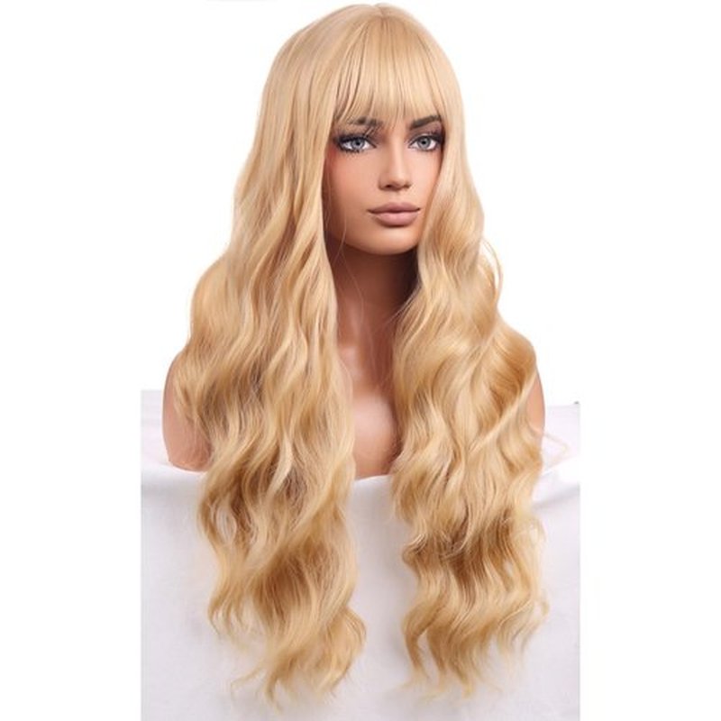 BERON Blonde Wigs Long Wavy Wig for Women with Bangs Costume Curly Heat Resistant Synthetic Hair Wigs for Cosplay or Daily