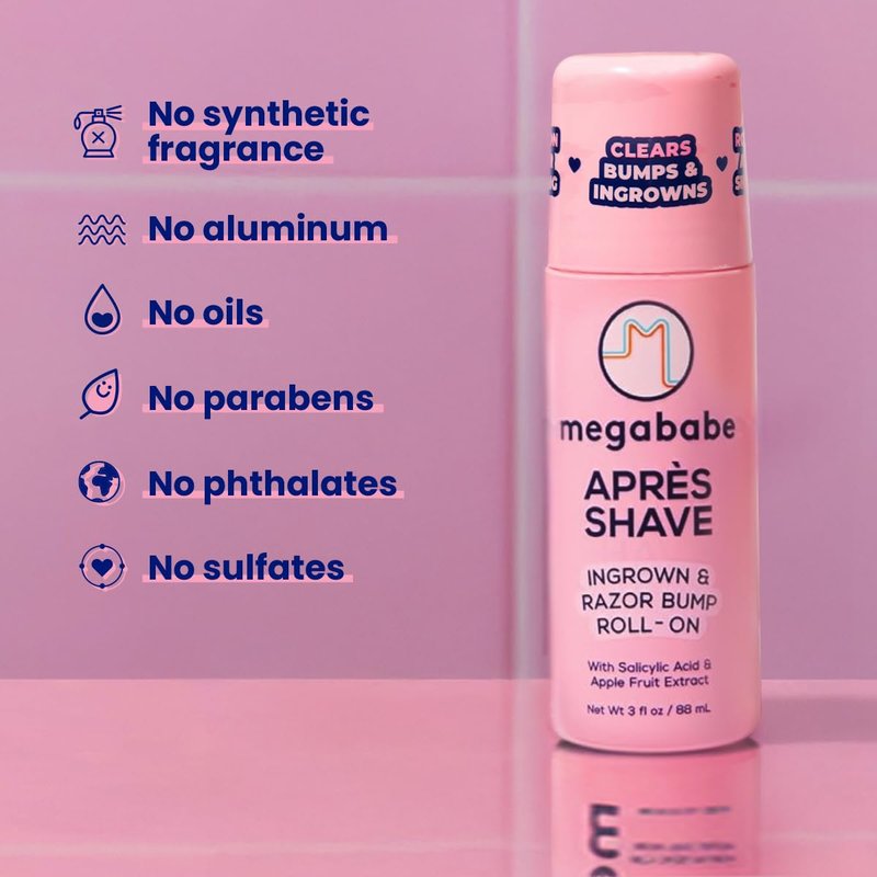 Megababe Après Shave (3.0 fl oz) | Post-Shave & Waxing | Vacation and Hot Weather Must-Have | Ingrown Hair & Razor Bump Roll-On Treatment for Women | Bikini, Armpits & Legs