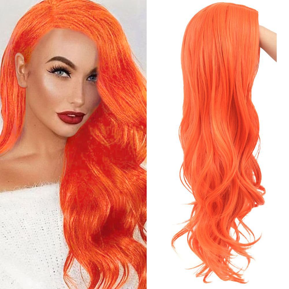 Tseses Orange Long Curly Wavy Womens Wig Hair Natural Looking Side Part Cosplay Halloween Synthetic Fiber Wig Heat Resistant Replacement Full Wig (Orange)