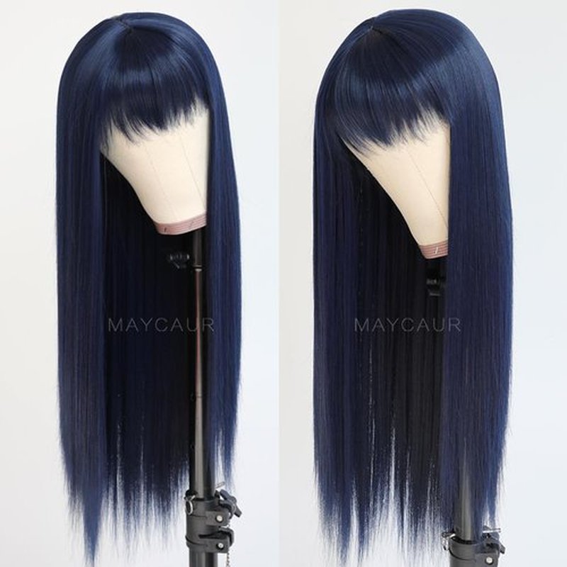 Maycaur Blue Synthetic Hair Wigs with Full Bangs Long Straight Women's Wig Heat Resistant Synthetic No Lace Wigs for Fashion Women