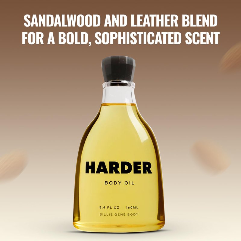 Billie Gene Body Harder Body Oil – Silky Nourishing Moisturizer with Jojoba & Shea Butter – Vegan and Cruelty-Free – Warm Woody Sandalwood & Leather Fragrance for Soft Glowing Skin 5.4oz