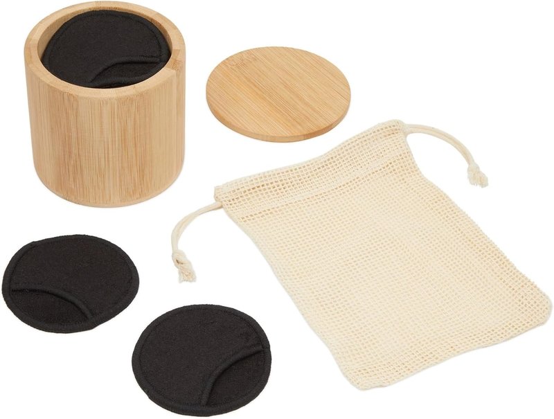 Reusable Cotton Rounds - 18 Pack for Makeup Removal | Bamboo Holder & Mesh Storage Bag (Black)