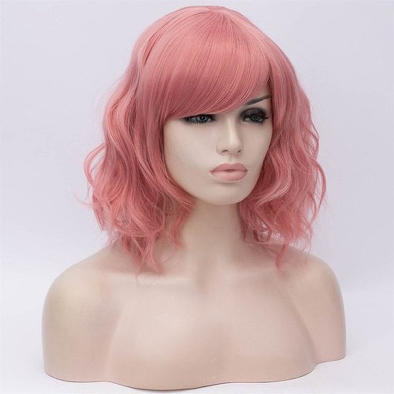BUFASHION 14" Women Short Wavy Curly Wig Light Pink Bob Wig Cosplay Halloween Synthetic Wigs with Side Bang Wig(Light Pink)