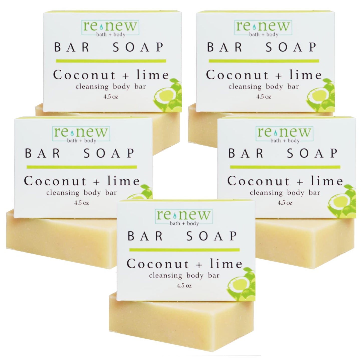 renew bath + body Natural Bar Soap, Coconut & Lime, Handmade in the USA by Cold Process with a Moisturizing Oil Blend Infused with Shea Butter - 5 Pack, 4.5 ounce bars