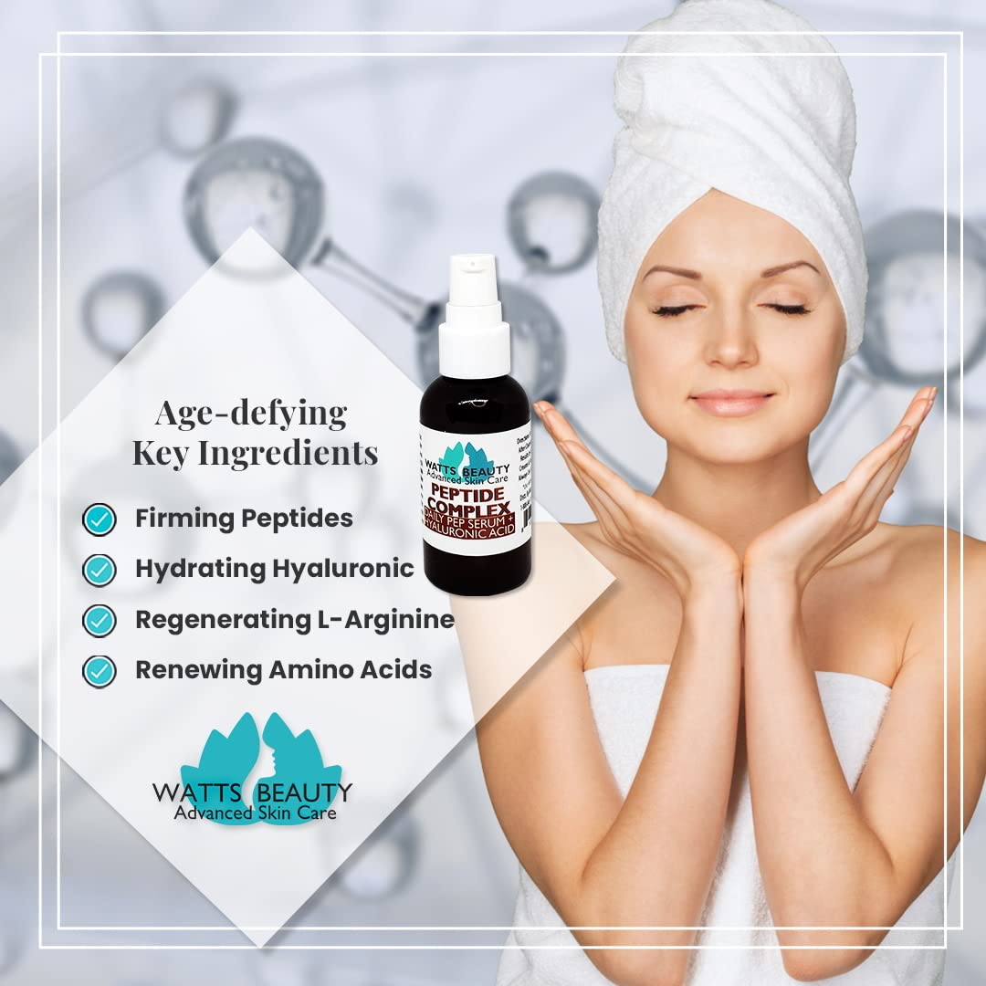Watts Beauty Peptide Anti-Aging Face Serum - Hyaluronic Acid and Collagen Boosting Peptides Daily Face Care Polypeptide Complex with L-Arginine Firms Wrinkles and Boosts Collagen - 1 oz Pump Bottle