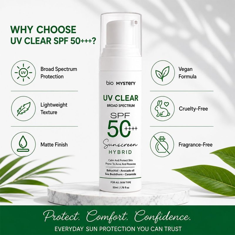Bio Mystery Clear Face Sunscreen Lotion for Acne-Prone Skin | Hybrid Broad Spectrum SPF 50+++ | Lightweight, Non-Greasy & Matte Finish | Daily Facial Sunscreen Oily & Sensitive Skin | 50ml / 1.76 floz