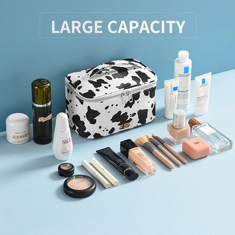 Makeup Bag Portable Travel Cosmetic Bag for Women, Beauty Zipper Makeup Organizer PU Leather Washable Waterproof (Cow Print)