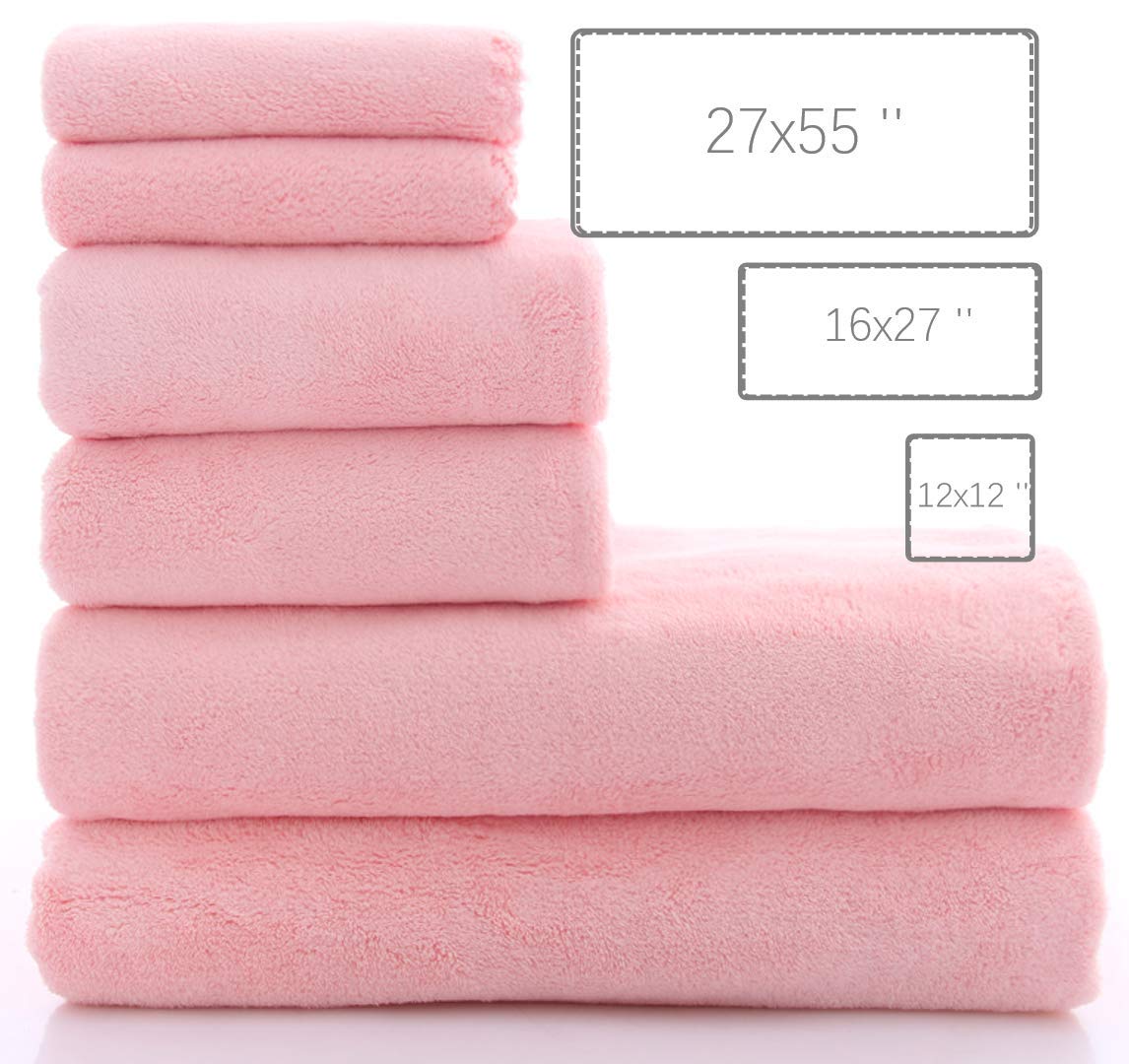 MOONQUEEN Ultra Soft Towel Set - Quick Drying - 2 Bath Towels 2 Hand Towels 2 Washcloths - Microfiber Coral Velvet Highly Absorbent Towel for Fitness, Bathroom, Sports, Yoga, Travel (Pink, 6 Pcs)
