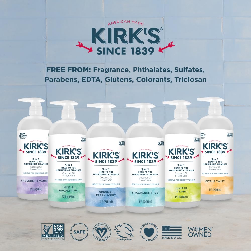Kirk's 3-in-1 Head to Toe Nourishing Liquid Cleanser & Travel Size Bar Soap - for Men, Women & Children - Premium Coconut Oil and Aloe Vera- Non GMO & Vegan -Fragrance Free - 32 Fl Oz. 2 pack