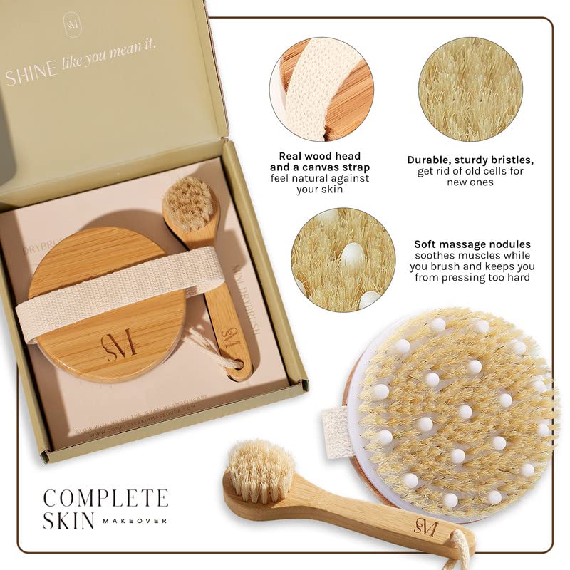CSM Dry Brushing Body Brush Set- Natural Bristle Body Brush, Exfoliating Face Brush for Soft Skin: Kit contains 1 Dry Brush for Face + 1 Body Brush for Lymphatic Drainage, Cellulite, and Circulation