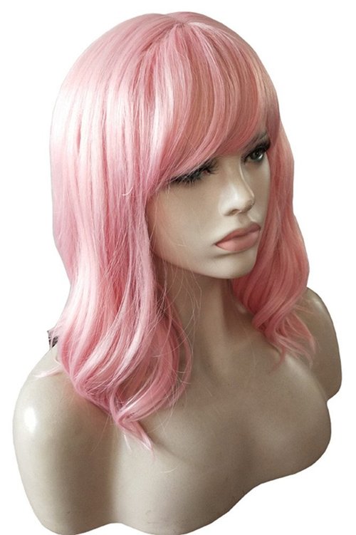 AneShe 14 Inches Women Girls Short Pink Wavy Wig Curly Synthetic Hair Wig With Air Bangs (Pink)