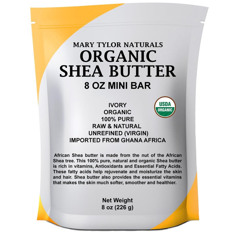 Mary Tylor Naturals Organic Shea butter 8 oz — USDA Certified Raw, Unrefined, Ivory From Ghana Africa — Great for Hair, Skin Nails and DIY projects