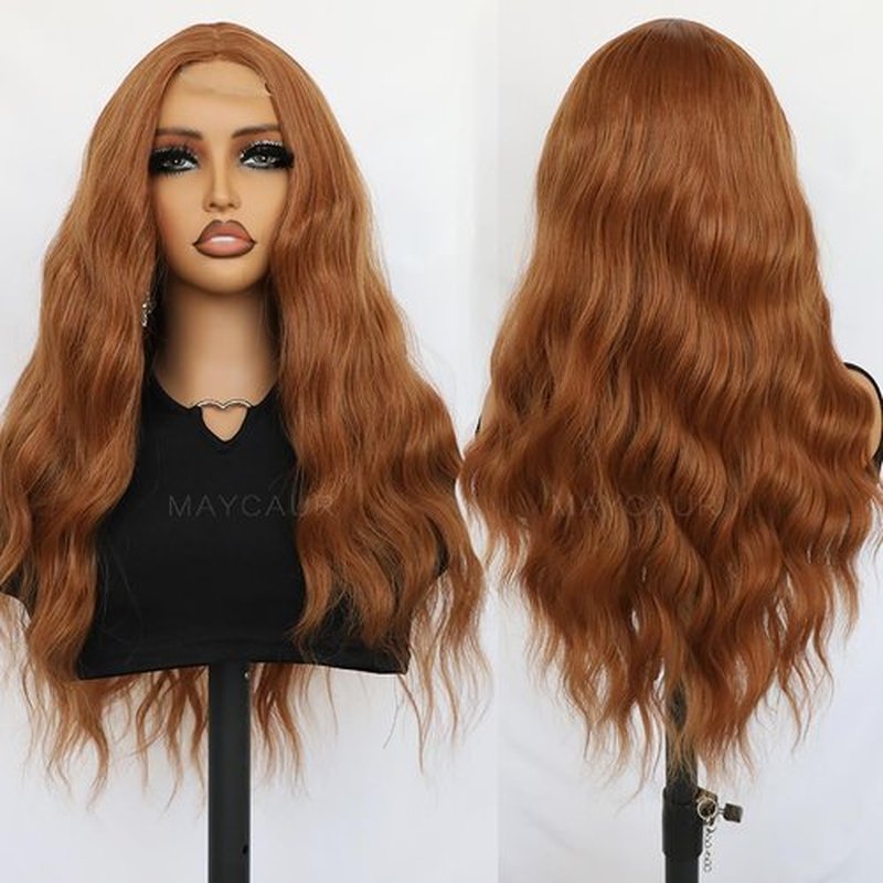 Maycaur Long Wavy Synthetic Lace Front Wig for Women 22 Inch Glueless Wigs Copper Brown Brunette Heat Resistant Soft Fiber Hair for Black Women