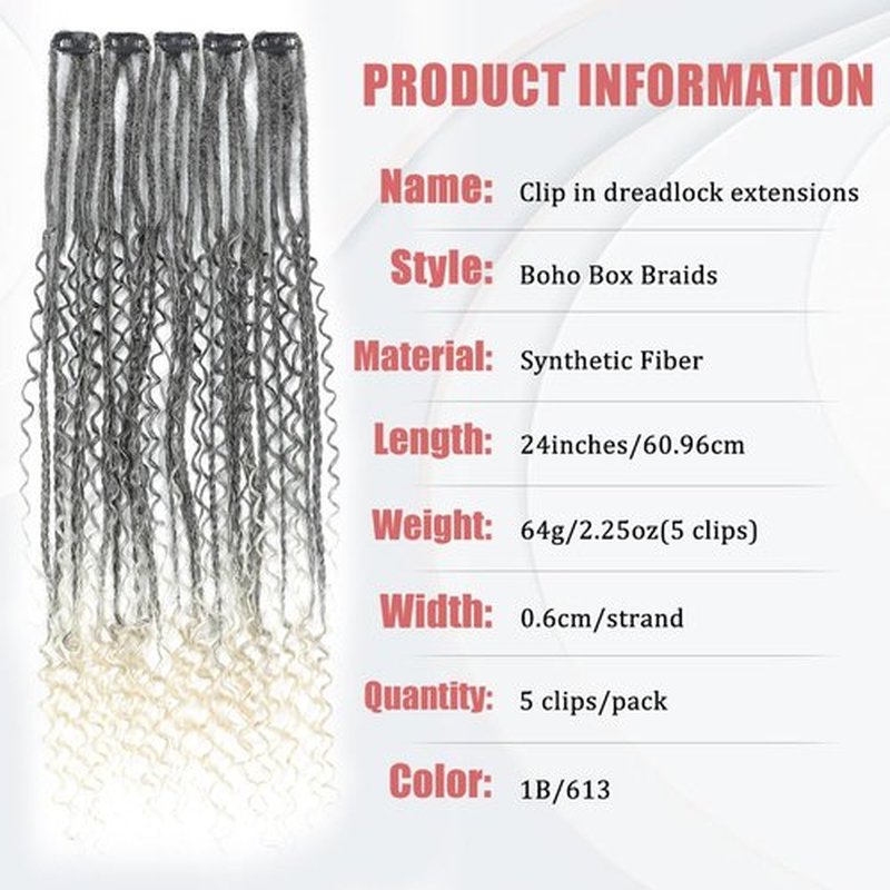 Ajsowju Boho Dreads Clip in Dreadlock Extension 5PCS 20 Strands Clip in Boho Dreadlock 24inches Thin Soft Dread Extenisons for Women (1B/613,Boho)