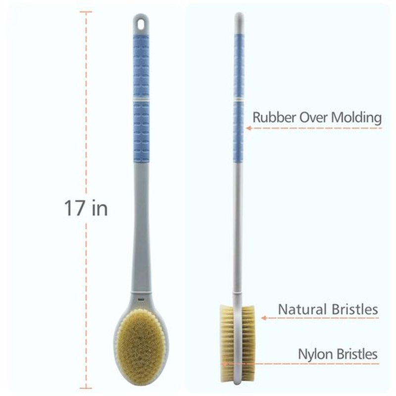 Shower Brush with Soft and Stiff Bristles,17.5" Long Handle Dual-Sided Back Scrubber Bath Brush Body Exfoliator for Wet or Dry Brushing (Long Handle)