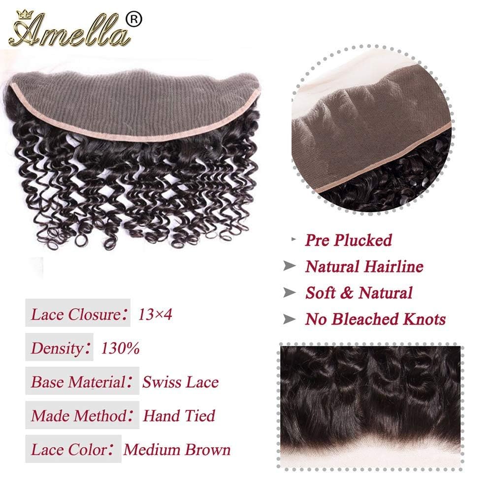Amella Hair Deep Wave 3 Bundles with Frontal 13x4 Lace Closure Pre Plucked Brazilian Deep Wave Virgin Human Hair with Lace Frontal Free Part 16” 18" 20"+14"Frontal